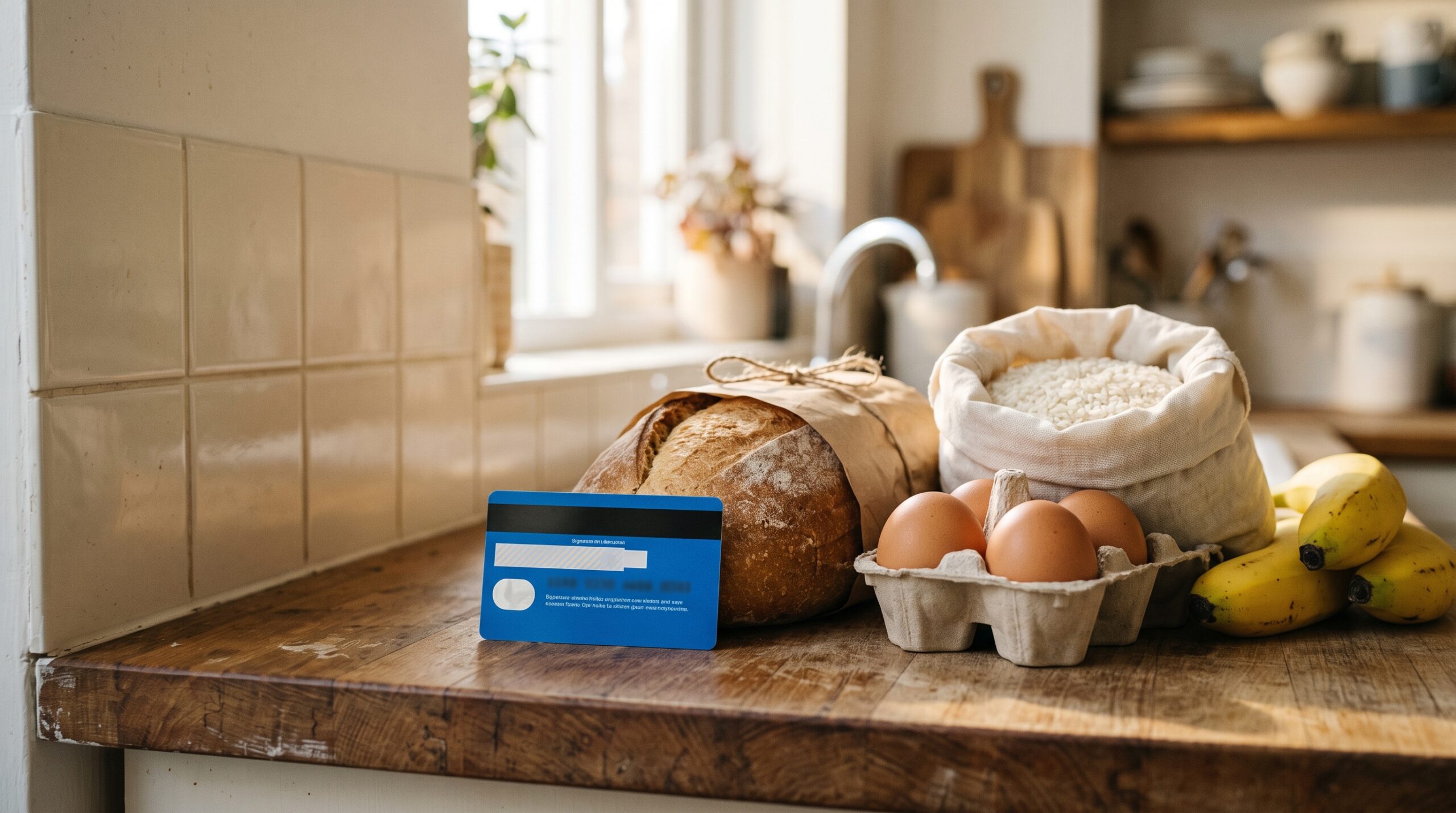 EBT card and grocery staples on a kitchen counter