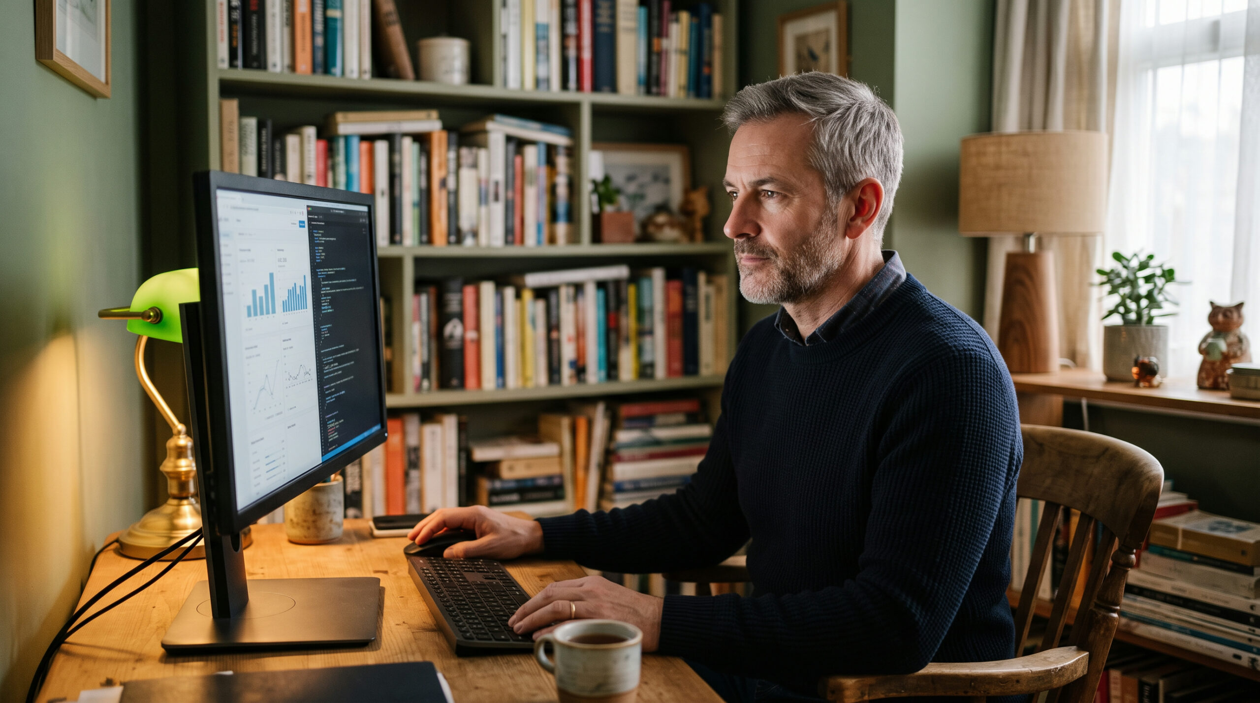 Man reviewing an unemployment claim online from a home office