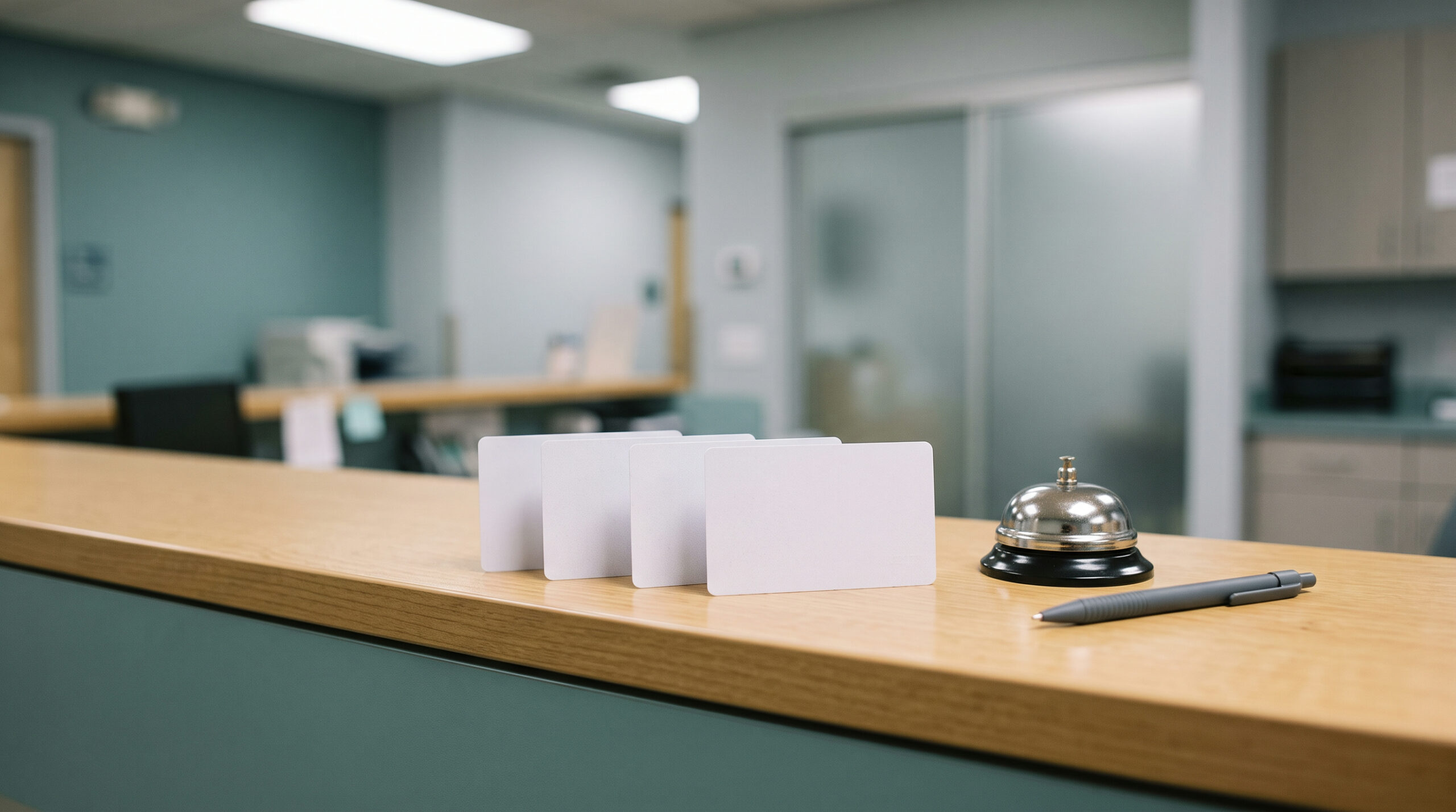 Health insurance cards fanned on a medical clinic reception counter
