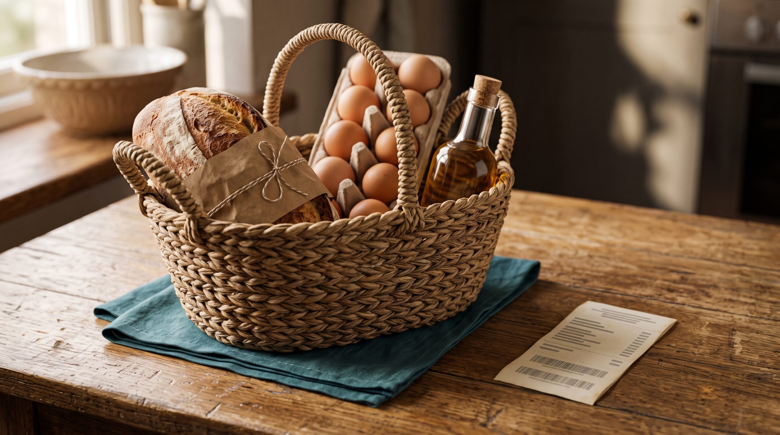 A full shopping basket and a single receipt - the real purchases the government's monthly price survey is actually built from.